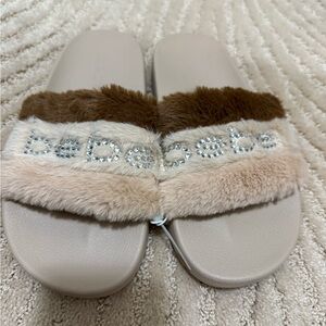 Bebe Furry Slide Sandals - Beige and Brown